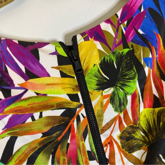 MILLY Multicolor Floral Mesh Detail Exposed Zipper Short Sleeve Dress Size 10 - Picture 6 of 7